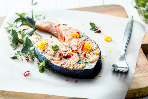 Salmon on white plate