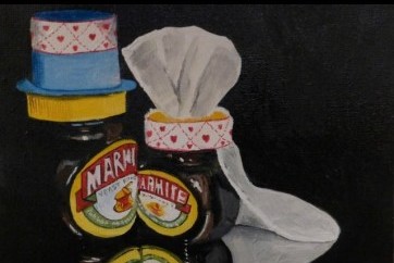 Mr & Mrs Marmites big day original oil painting on wooden panel by Susan Mortimer