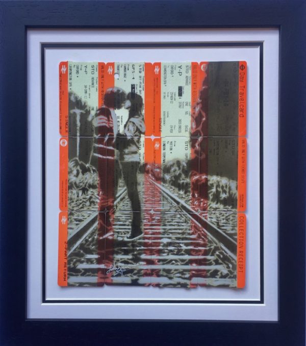 Sprayed train tickets framed